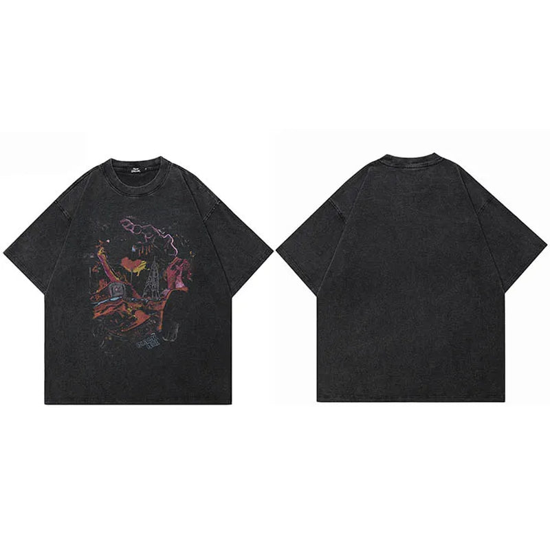 Hip Hop Oversize Washed T-Shirt Streetwear Harajuku Graffiti Graphic Printed T Shirt 2026 Men Spring Summer Short Sleeve Tshirt