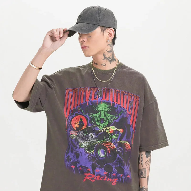2025 T Shirt Streetwear Men Oversize Hip Hop T-Shirt Devil Racing Harajuku Tshirt Summer Short Sleeve Cotton Loose Tops Tees