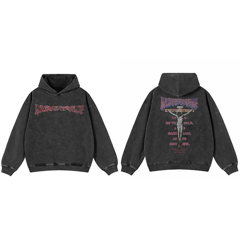 Hip Hop Men Sweatshirt Hoodie Streetwear Jesus Letter Print Washed Pullover 2026 Autumn 100 Cotton Hooded Sweatshirt Faded Black
