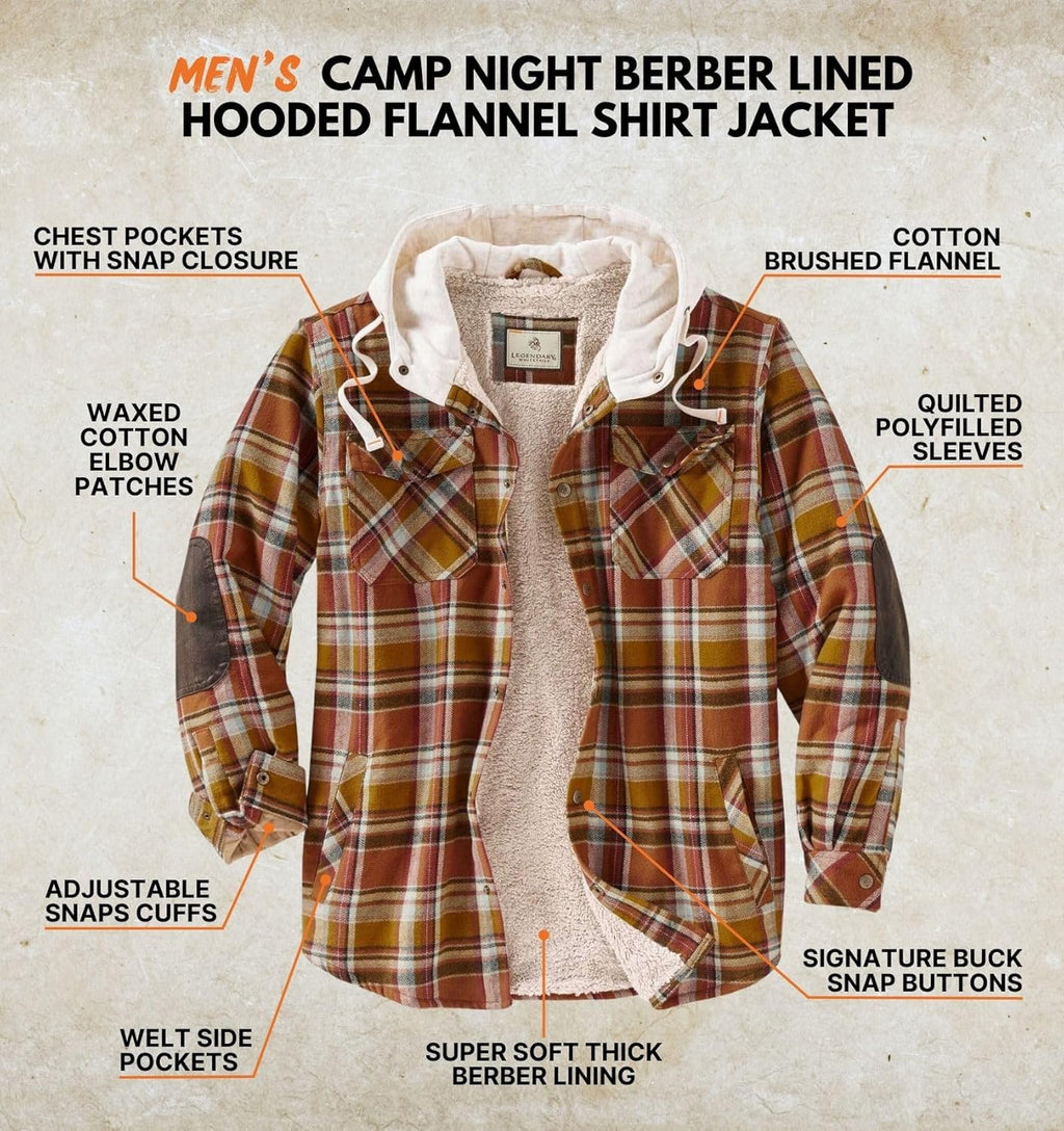 Mens Hooded Plaid Flannel Berber Lined Shirt Jacket