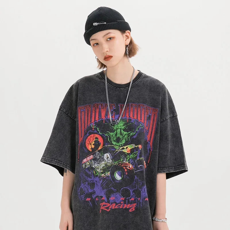 2025 T Shirt Streetwear Men Oversize Hip Hop T-Shirt Devil Racing Harajuku Tshirt Summer Short Sleeve Cotton Loose Tops Tees