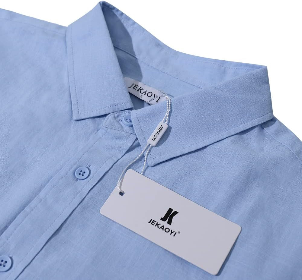 Mens Summer Casual Long Sleeve Cotton Linen Shirts Button up Solid Plain Roll-Up Sleeve Beach Shirts