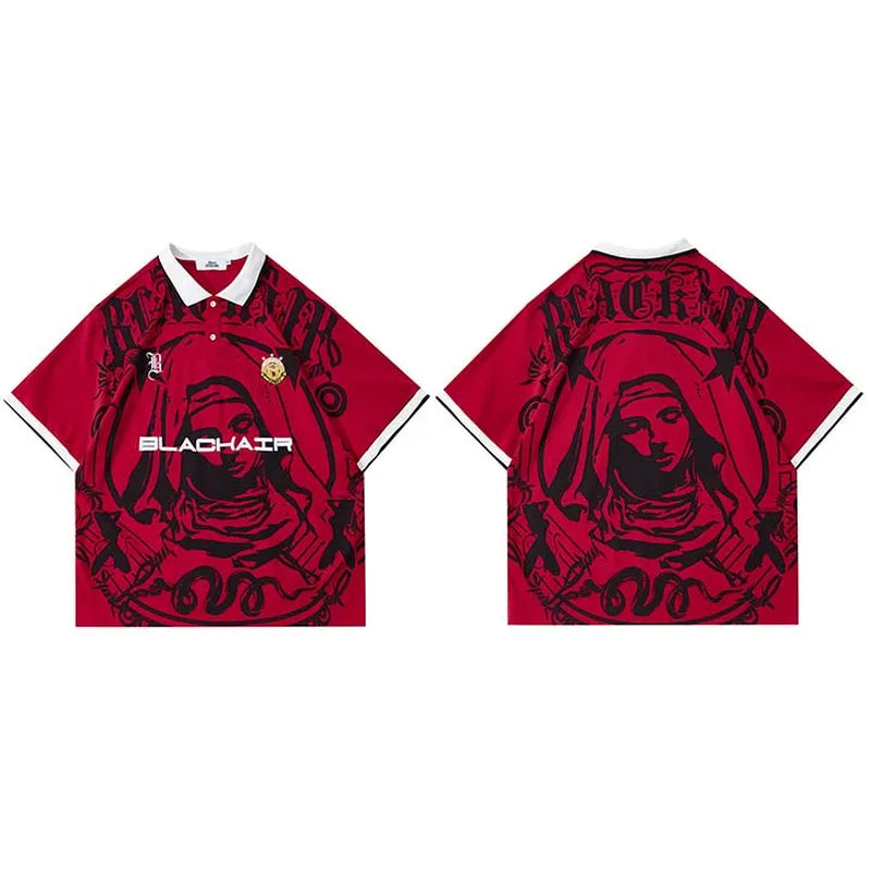 Men Hip Hop Streetwear Polo T-Shirt Virgin Mary Graphic Embroidery 2024 Summer Oversized Polo Shirt Retro Casual Cotton Tops Tee