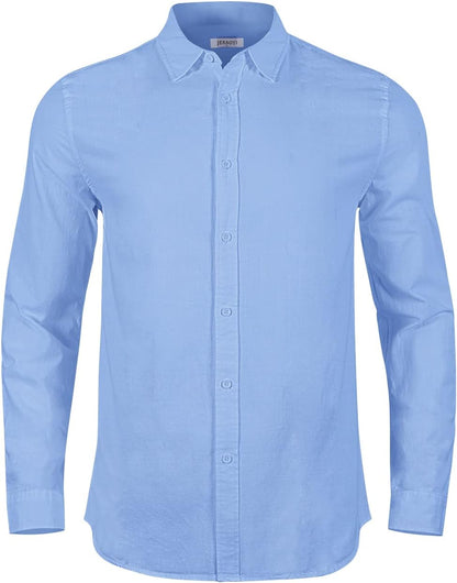Mens Summer Casual Long Sleeve Cotton Linen Shirts Button up Solid Plain Roll-Up Sleeve Beach Shirts
