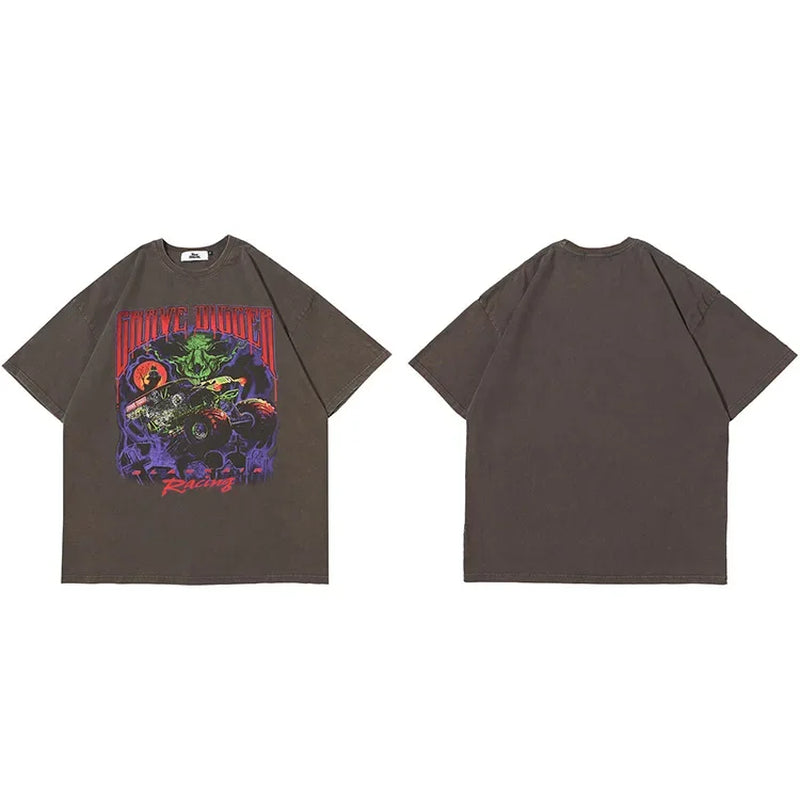 2025 T Shirt Streetwear Men Oversize Hip Hop T-Shirt Devil Racing Harajuku Tshirt Summer Short Sleeve Cotton Loose Tops Tees