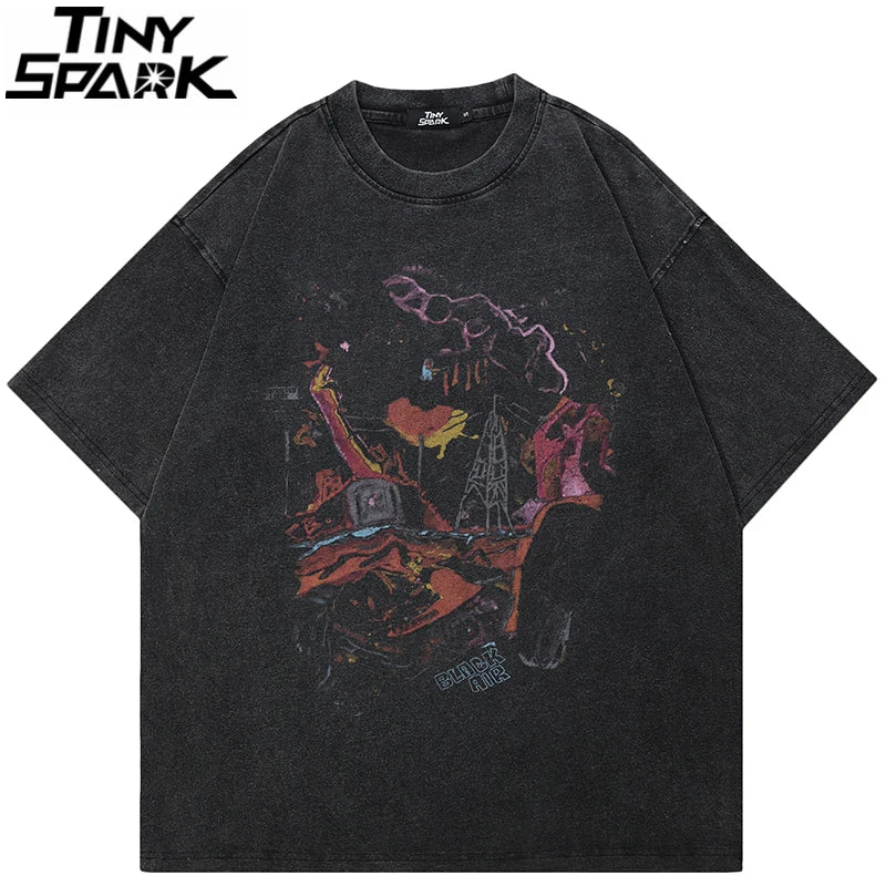 Hip Hop Oversize Washed T-Shirt Streetwear Harajuku Graffiti Graphic Printed T Shirt 2026 Men Spring Summer Short Sleeve Tshirt