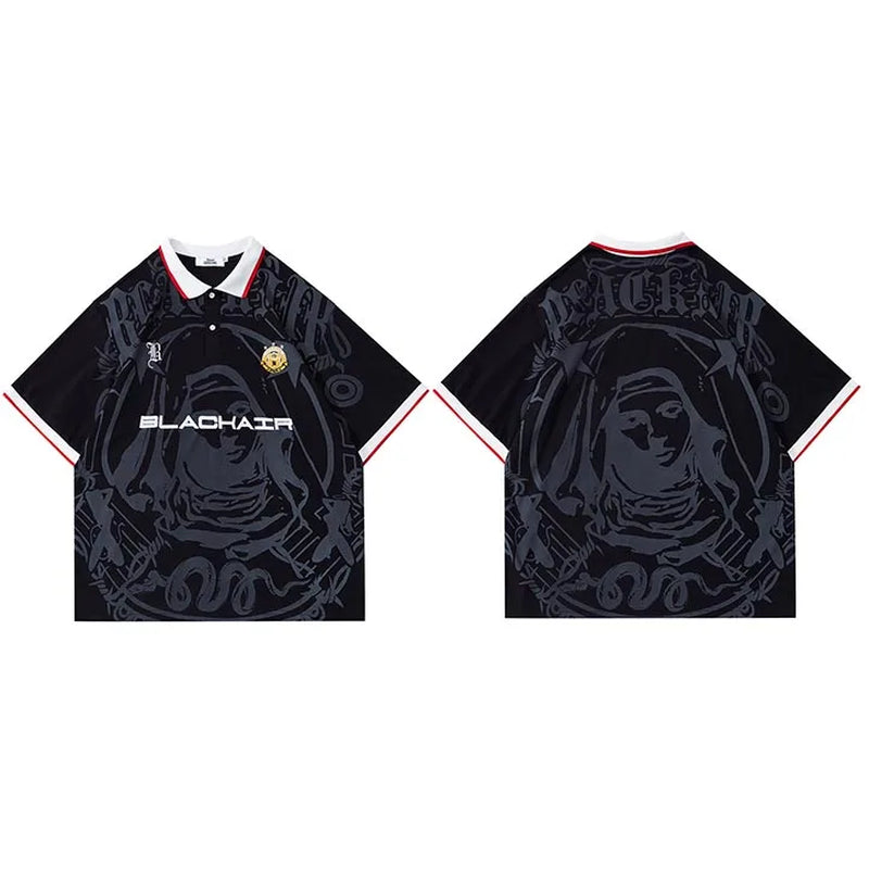 Men Hip Hop Streetwear Polo T-Shirt Virgin Mary Graphic Embroidery 2024 Summer Oversized Polo Shirt Retro Casual Cotton Tops Tee