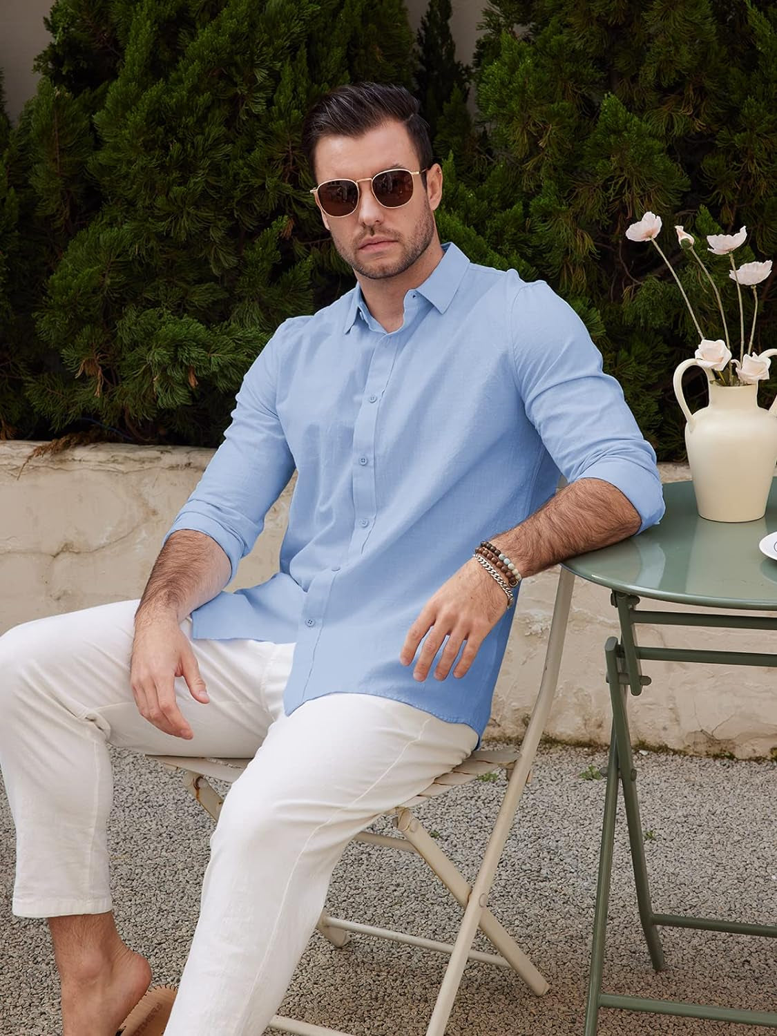 Mens Summer Casual Long Sleeve Cotton Linen Shirts Button up Solid Plain Roll-Up Sleeve Beach Shirts