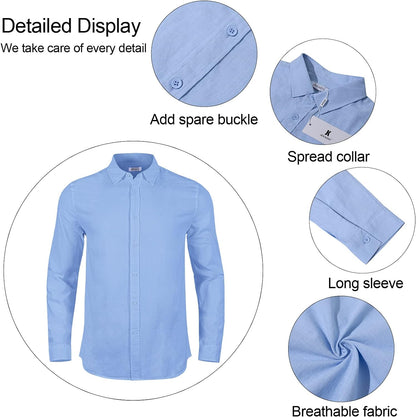 Mens Summer Casual Long Sleeve Cotton Linen Shirts Button up Solid Plain Roll-Up Sleeve Beach Shirts