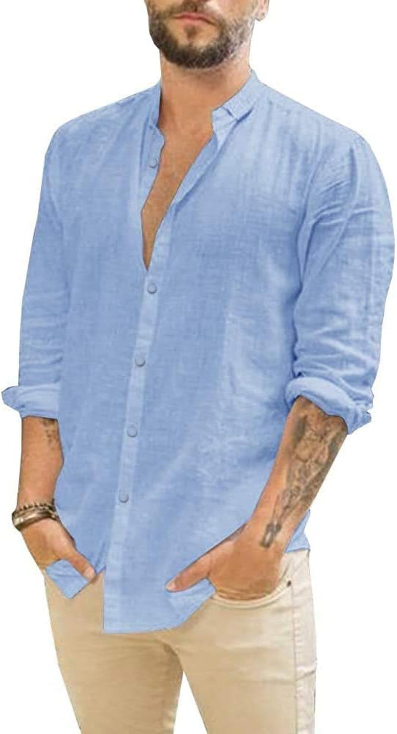 Mens Summer Casual Long Sleeve Cotton Linen Shirts Button up Solid Plain Roll-Up Sleeve Beach Shirts