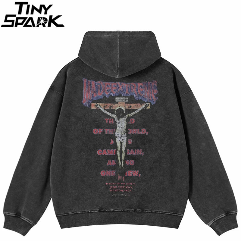 Hip Hop Men Sweatshirt Hoodie Streetwear Jesus Letter Print Washed Pullover 2026 Autumn 100 Cotton Hooded Sweatshirt Faded Black